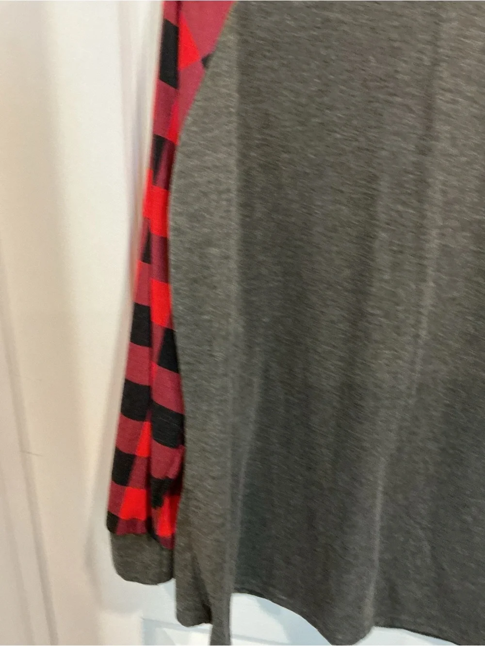 Gray Raglan Top with Red & Black Buffalo Plaid Sleeves